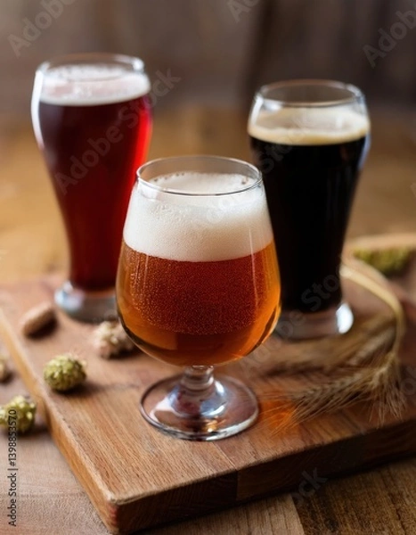 Fototapeta Assorted craft beers on wooden board with barley and hops decor