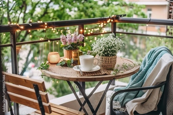 Fototapeta Romantic small balcony with fairy lights, a small bistro set, and a flowering plant arrangement 
