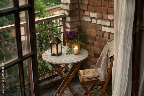 Fototapeta Rustic small balcony with a foldable table, vintage chairs, and lanterns for a cozy evening 