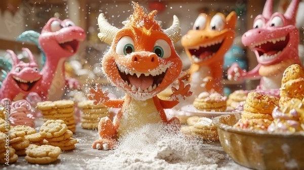 Fototapeta Smiling orange monster in winter wonderland with confectionery