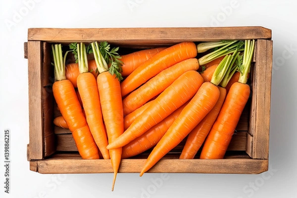 Fototapeta Top view of fresh organic carrots in rustic wooden crate on white background
