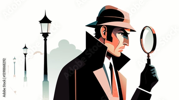 Obraz Illustrated detective peering through magnifying glass with focused expression. Vintage-style character design looking at clues. Concept: mystery books, investigation services, escape rooms.