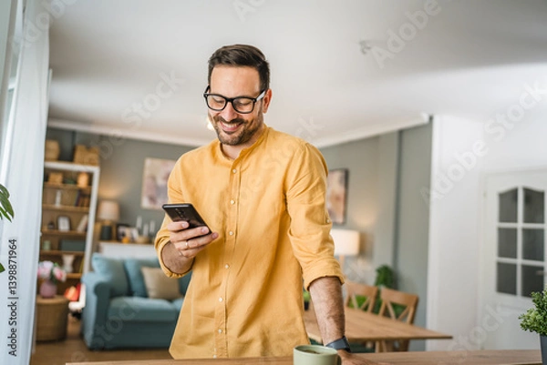 Obraz One adult man with eyeglasses stand at home use mobile phone