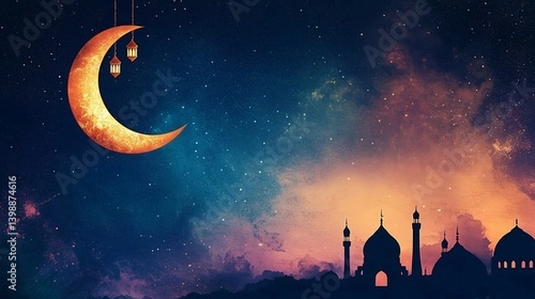 Fototapeta Ramadan, featuring the crescent moon and silhouette of an Islamic mosque against a starry night sky with blue and orange sky. Horizontal banner. 