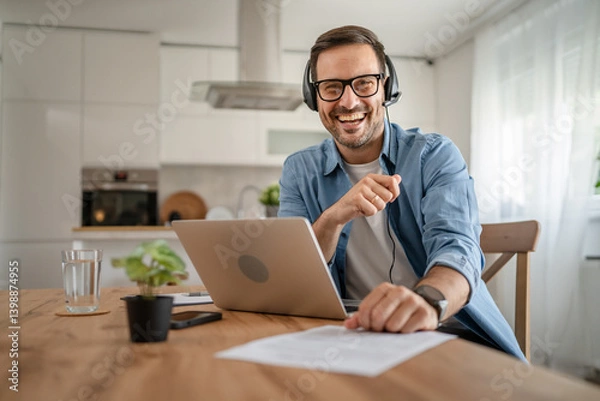 Obraz One man caucasian male freelancer work from home on laptop computer