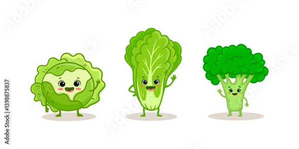 Fototapeta set of cartoon vegetable characters isolated on white. Broccoli, chinese cabbage, cabbage. Funny vegetable in flat style. 
