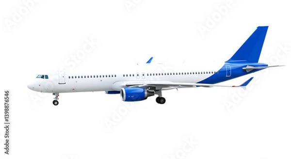 Fototapeta A white airplane with blue accents standing on the tarmac against a black background in side view