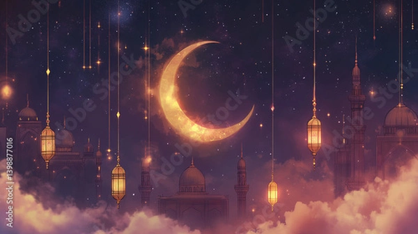 Fototapeta Ramadan, featuring a crescent moon with lanterns hanging from it, set against the night sky with clouds and stars. The scene includes Arabic buildings silhouetted in the background. 