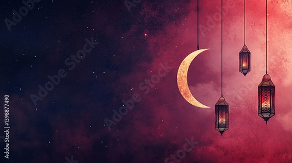 Fototapeta Eid Mubarak and Ramadan Kareem greetings with Islamic lanterns, crescent moon, and red purple sky background, with copy space on the left side. 