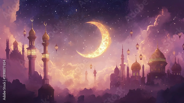 Fototapeta Arabian night sky with a crescent moon and mosque, in a purple color tone. Horizontal web banner. 
