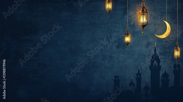 Fototapeta Eid Mubarak and Ramadan Kareem greetings with Islamic lanterns, mosque silhouette background, dark blue theme, copy space concept. Horizontal banner. 