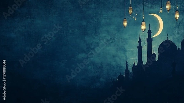 Fototapeta A digital art illustration of Ramadan, featuring silhouettes of Islamic architecture against the night sky with hanging lanterns and a crescent moon. The background is a dark blue.