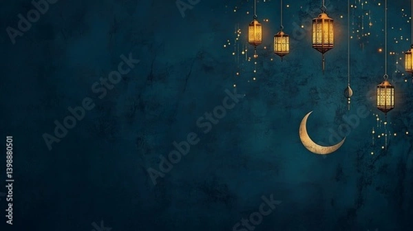 Fototapeta Eid Mubarak and Ramadan Kareem greetings with Islamic lanterns, crescent moon for Eid day background with copy space.Horizontal banner for social media posts. Copy space for text.