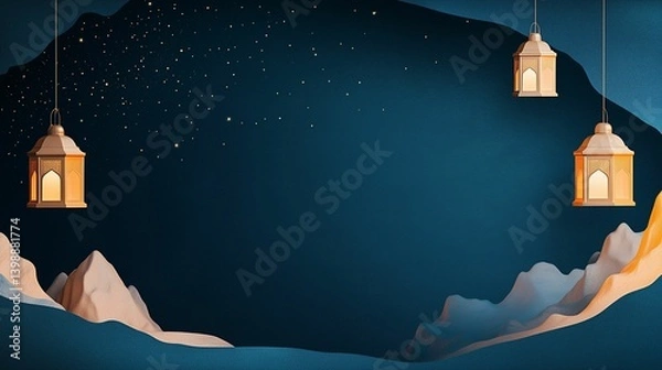 Fototapeta  Ramadan background with lanterns hanging from the top right corner, an indigo blue night sky, mountains. Horizontal banner for social media posts. Copy space for text.