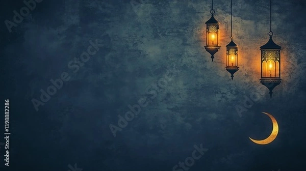 Fototapeta Ramadan background, with ample copy space for text and graphics, lanterns hanging on the right side of the wall, crescent moon. Horizontal banner for social media posts.