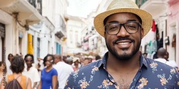 Fototapeta A man wearing a straw hat and glasses is smiling in front of a crowd of people. Concept of happiness and warmth, as the man is enjoying the company of others