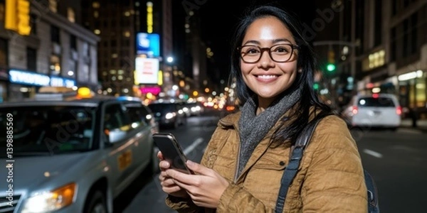 Fototapeta A woman is smiling and holding a cell phone in a city street. The scene is set at night, with cars and traffic lights visible in the background