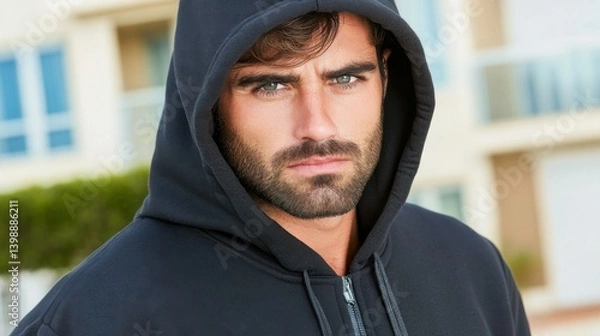 Fototapeta A man wearing a black hoodie with a blue hood. He has a beard and a mustache