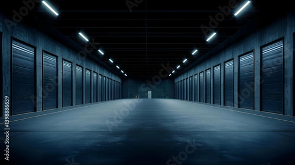 Fototapeta Dark Concrete Corridor With Rows Of Doors And Neon Lighting
