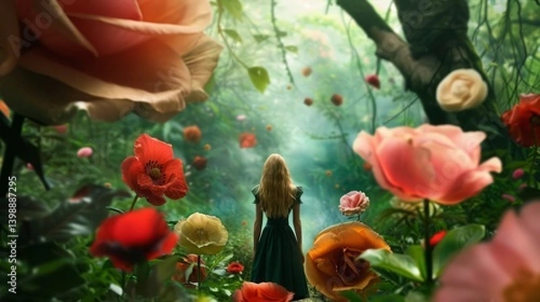 Obraz Alice wandering through an enchanted garden filled with oversized, surreal flowers and twisting vines 