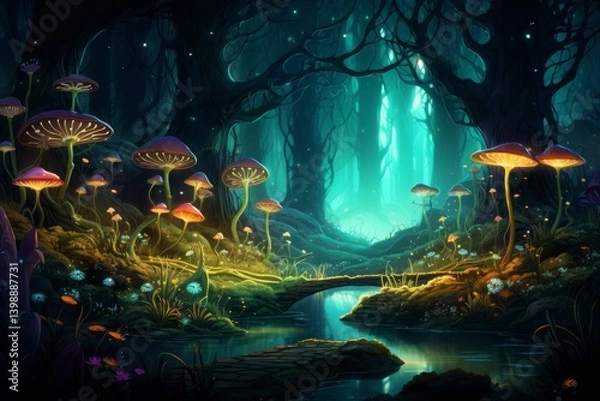 Fototapeta Enigmatic forest scene reminiscent of Wonderland, with surreal, abstract flora and uniquely styled characters, 