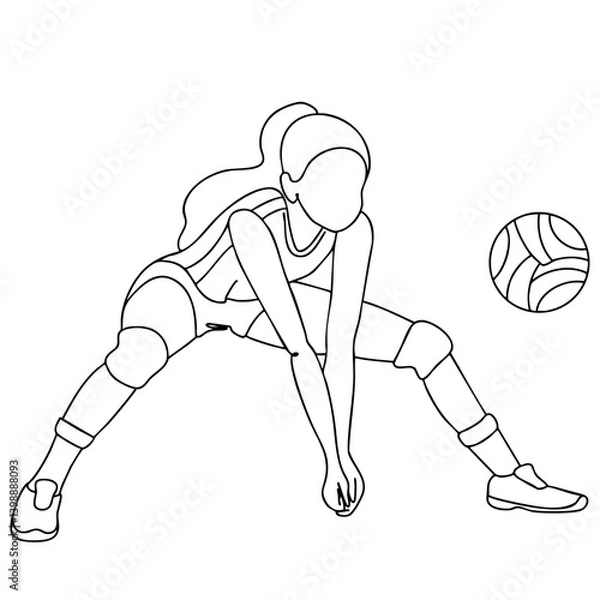 Fototapeta Minimalist line art of a female volleyball player in action, performing a low dig to receive the ball. Sporty pose with dynamic energy captured in a clean black-and-white vector illustration.