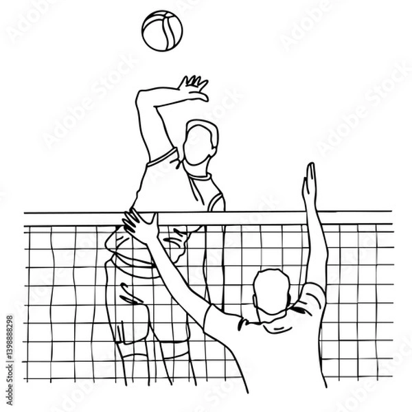 Fototapeta Minimalist line art of two male volleyball players at the net, one jumping to spike the ball while the other attempts to block. Dynamic sports moment captured in a clean, black-and-white vector style.