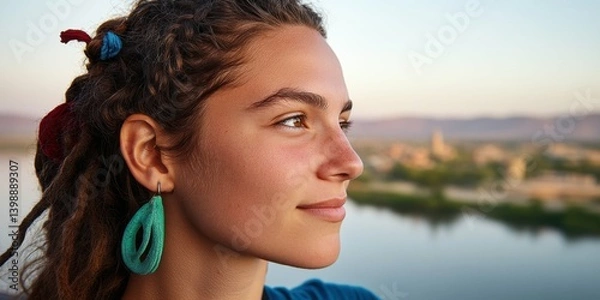 Fototapeta A woman with long hair and green earrings is looking out over a body of water. The scene is peaceful and serene, with the woman's gaze focused on the horizon