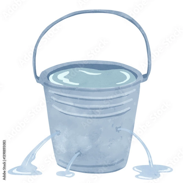 Fototapeta 小さい穴から複数水漏れしているブリキのバケツ　水彩風手描きイラスト
