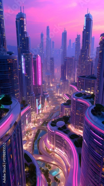 Obraz Neon Skyline Dreams: A Retro-Futuristic Cityscape at Dusk