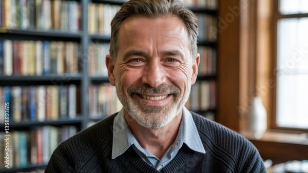 Fototapeta Smiling middle-aged Caucasian man in a cozy library setting, exuding warmth and approachability.