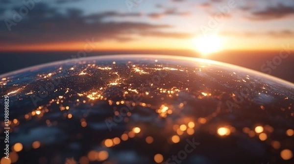 Obraz Stylized planet illustration city lights sunset atmosphere global connectivity