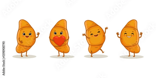 Fototapeta set of cartoon croissant isolated on white background. Cute croissant in flat style for menu, card. Vector illustration
