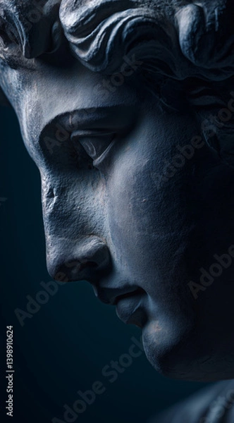 Fototapeta Profile view of mythological marble sculpture of a female figure, symbolizing ancient goddesses, with chiseled details and dramatic lighting