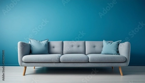 Fototapeta 淡いブルーのマット背景に、ふわっとしたクッションが特徴的な柔らかなグレーのソファが1つ置かれ、落ち着いた温かみのある空間が広がる

