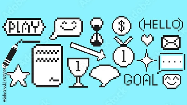 Fototapeta Business icons and design elements on a blue background in pixel art style. Speech bubbles, arrow, star, hourglass. Retro 8-bit set.
