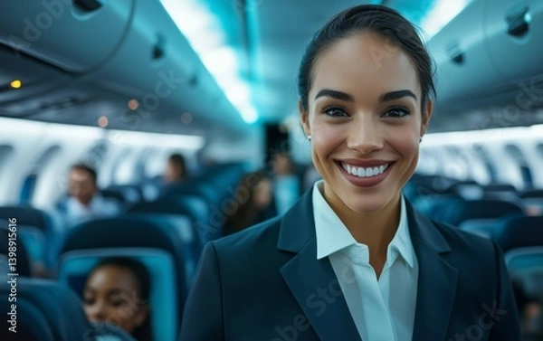 Fototapeta Smiling Air Hostess on a Flight: A Radiant Image of Professionalism and Travel , life of pilots photo series