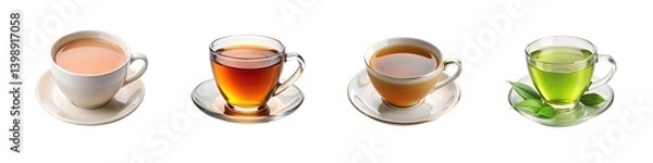 Fototapeta Different types of tea collection, hot beverage assortment, tea cups and saucers variety on transparent background