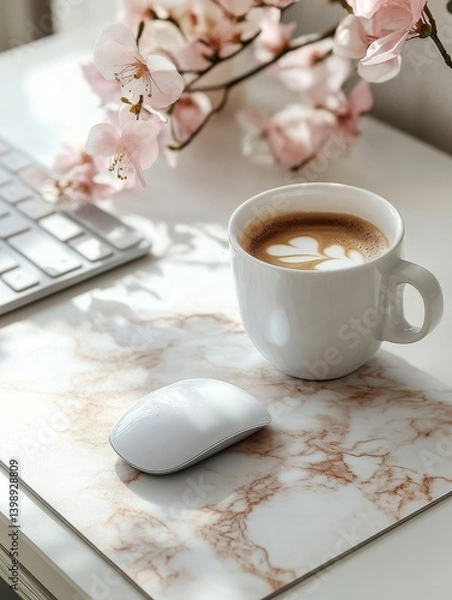 Fototapeta contemporary workspace setup with a wireless mouse, designer coffee cup, and a stylish marble desk mat, clean aesthetic with soft pastel accents 
