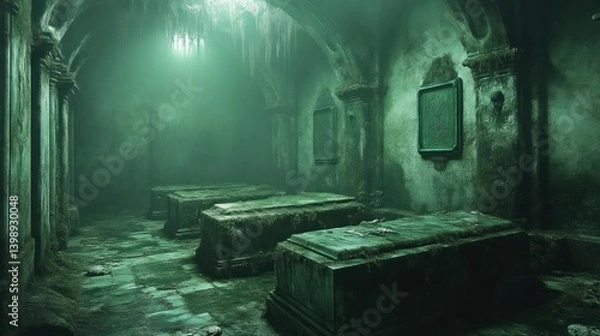 Fototapeta Mysterious Ancient Crypt with Luminous Green Light and Weathered Tombs