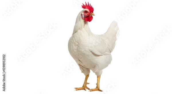 Obraz White leghorn chicken standing alert on transparent background