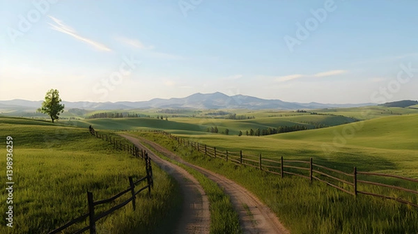 Fototapeta Scenic Country Road Through Lush Green Fields