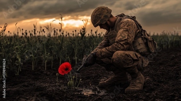 Fototapeta A soldier kneels in a field, gently admiring a vibrant red poppy flower, symbolizing hope and resilience amidst the harsh realities of war, evoking deep emotional connections.