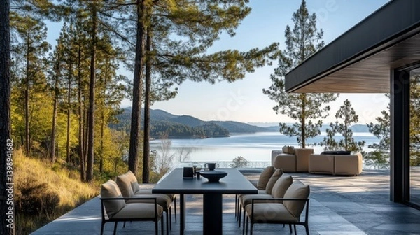 Fototapeta This image showcases a serene lakeside dining area surrounded by trees, capturing the tranquil beauty of nature and modern architectural elegance.