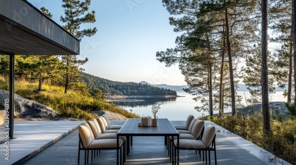 Fototapeta A serene outdoor dining setup overlooking a tranquil lake, surrounded by lush trees and mountains, creating a peaceful retreat for relaxation and gatherings with loved ones.