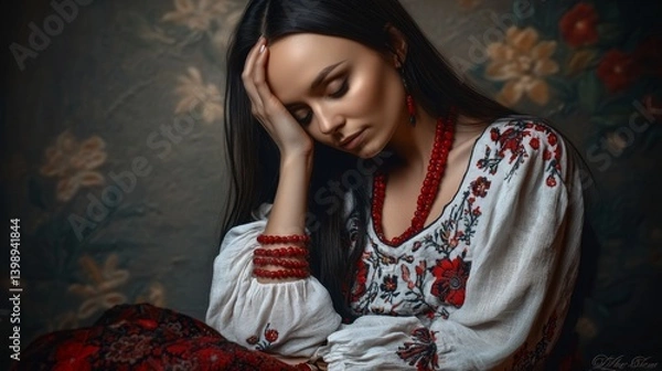 Fototapeta A serene portrait of a woman dressed in traditional attire, adorned with red accessories, captured against a richly decorated floral background, evoking deep emotion and culture.