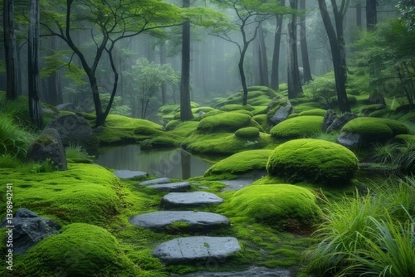 Fototapeta Set in a lush green forest, this serene image showcases moss-covered stones and tranquil water reflections, evoking a sense of calm and natural beauty.