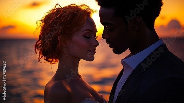 Fototapeta A tender moment between a couple embracing under a glowing sunset, representing deep love and connection framed by the tranquil beauty of the natural world.