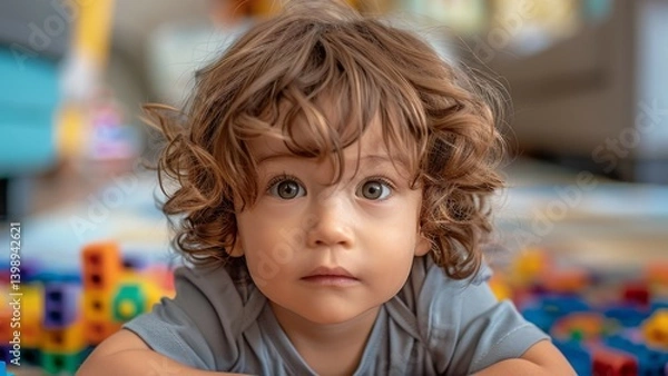 Fototapeta This heartwarming image captures a curly haired child with big brown eyes, drawing viewers in with an innocent expression and joyful charm while playing on colorful blocks.