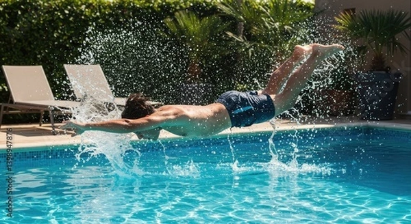 Fototapeta Man Diving Into Pool Creating Splash Against Green Foliage and Clear Blue Sky